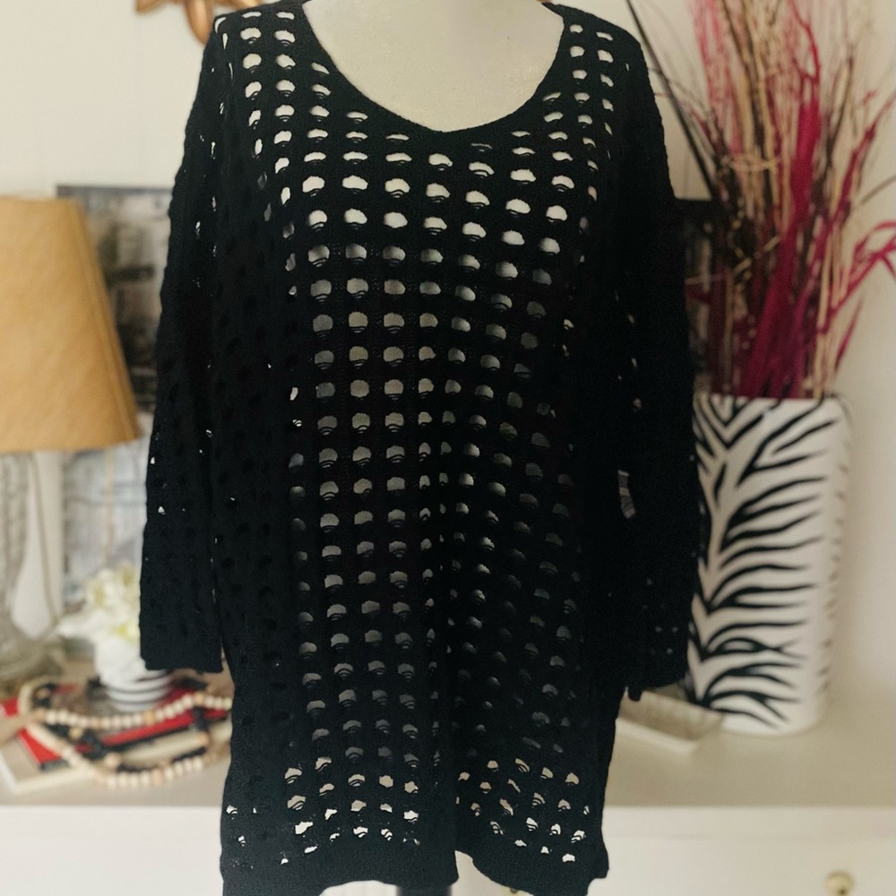 WynneLayers Black Open Knit 100% Cotton Mesh 3/4 Sleeves Sweater Women's Xl NWT